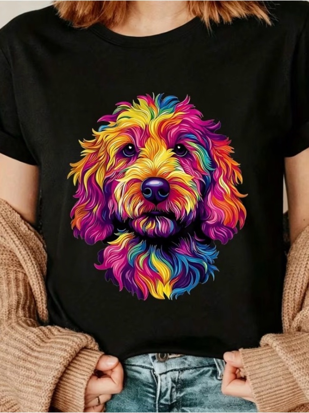 Colorful Rainbow Dog Graphic Tee - Black